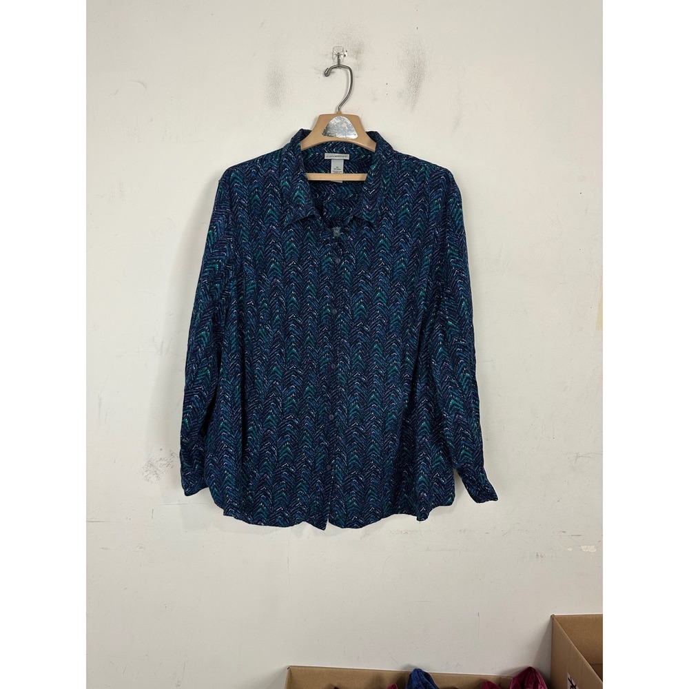 Catherines Womens 3X Blue Teal Chevron Cotton Corduroy Button Down Shirt 26/28W